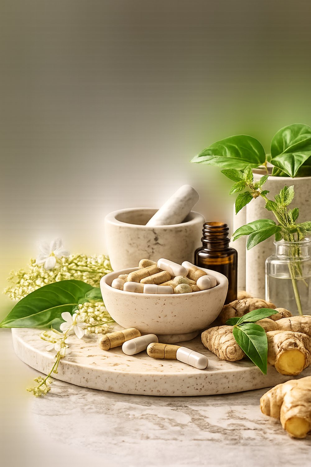 Botanicals with a mortar and pestle arranged on a table